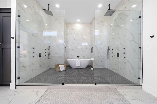 Bathroom, Free Standing Baths, Glass Shower, Interior, Marble, Marble Walls, Recessed Lighting
