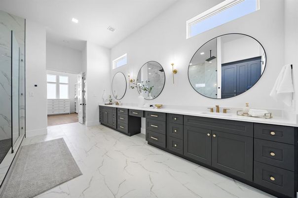 Bathroom, Dual Sink Vanities, Interior, Marble, Recessed Lighting