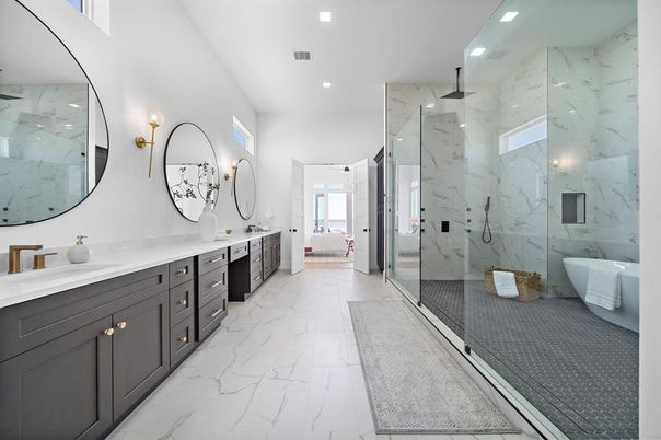 Bathroom, Dual Sink Vanities, Glass Shower, Interior, Marble, Marble Walls, Recessed Lighting