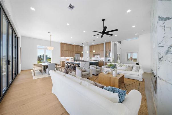 Dining room, Interior, Kitchen, Living room, Marble Walls, Pendant Lights, Recessed Lighting, Wood Texture Flooring
