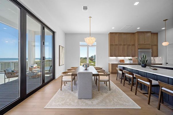 Dining room, Interior, Kitchen, Pendant Lights, Recessed Lighting, Water, Wood Texture Flooring