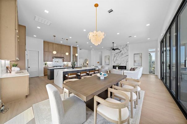 Dining room, Fireplace, Interior, Kitchen, Living room, Pendant Lights, Recessed Lighting, Wood Texture Flooring