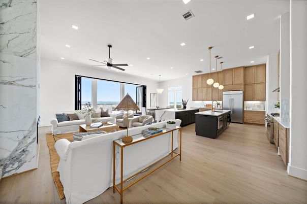 Interior, Kitchen, Living room, Marble Walls, Pendant Lights, Recessed Lighting, Stainless Steel Appliances, Wood Texture Flooring