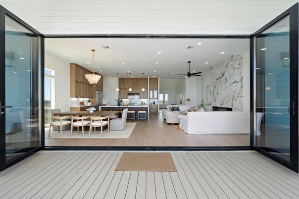 Dining room, Interior, Kitchen, Living room, Marble Walls, Pendant Lights, Recessed Lighting, Wood Texture Flooring
