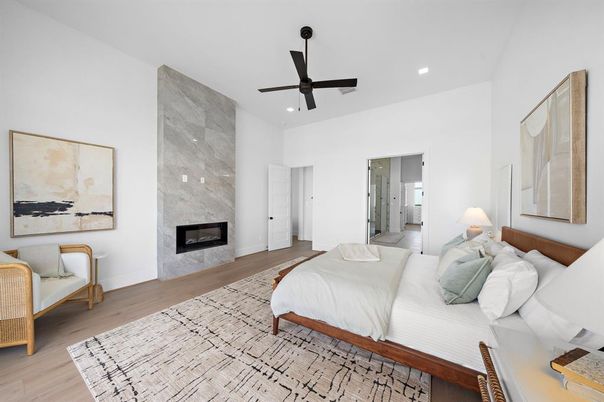 Bedroom, Fireplace, Interior, Recessed Lighting, Wood Texture Flooring