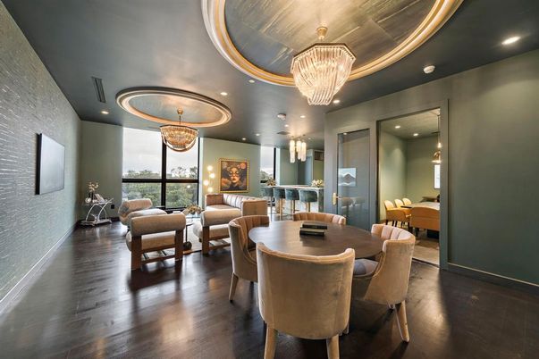 Chandelier, Dining room, Interior, Living room, Recessed Lighting, Wood Texture Flooring