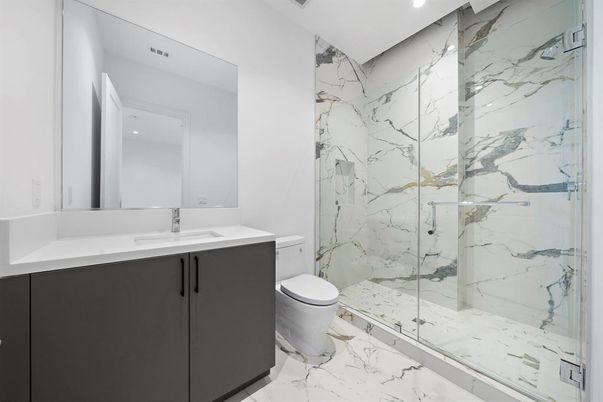 Bathroom, Glass Shower, Interior, Marble, Marble Walls, Recessed Lighting