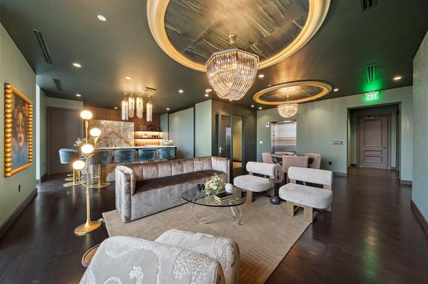 Chandelier, Dining room, Interior, Kitchen, Living room, Pendant Lights, Recessed Lighting, Wood Texture Flooring