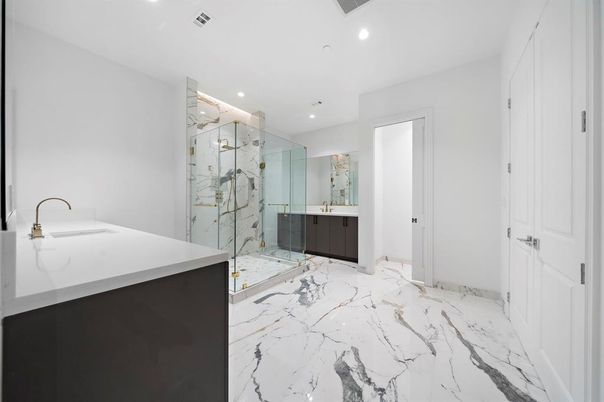 Bathroom, Dual Sink Vanities, Glass Shower, Interior, Marble, Recessed Lighting