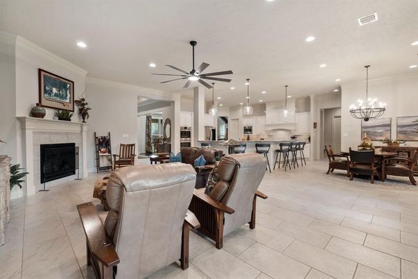 Dining room, Fireplace, Interior, Kitchen, Pendant Lights, Recessed Lighting
