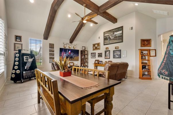 Dining room, Interior, Recessed Lighting, Wooden Beams