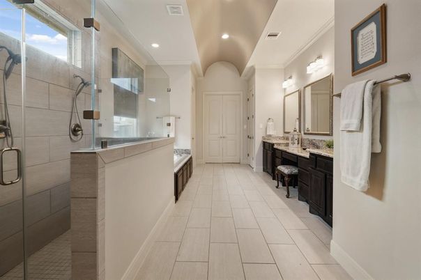 Bathroom, Dual Sink Vanities, Glass Shower, Interior, Recessed Lighting