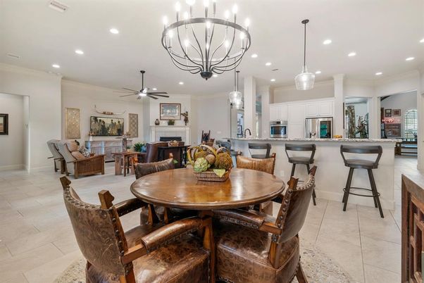 Dining room, Fireplace, Interior, Kitchen, Living room, Pendant Lights, Recessed Lighting, Stainless Steel Appliances
