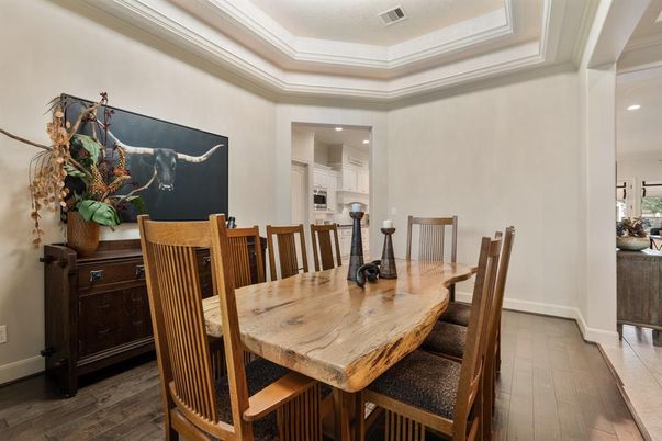 Dining room, Interior, Recessed Lighting, Wood Texture Flooring