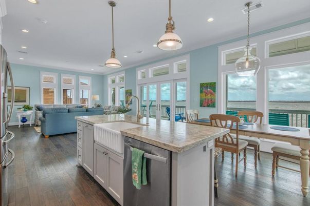 Dining room, Interior, Kitchen, Living room, Pendant Lights, Recessed Lighting, Water, Wood Texture Flooring