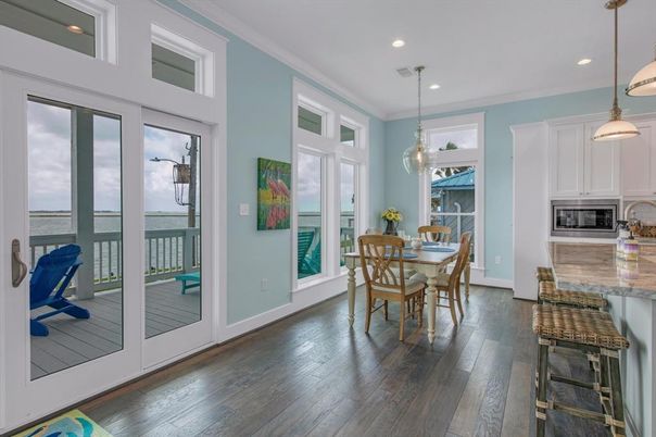 Dining room, Interior, Kitchen, Pendant Lights, Recessed Lighting, Water, Wood Texture Flooring