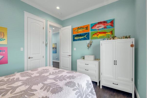 Bedroom, Interior, Recessed Lighting, Wood Texture Flooring