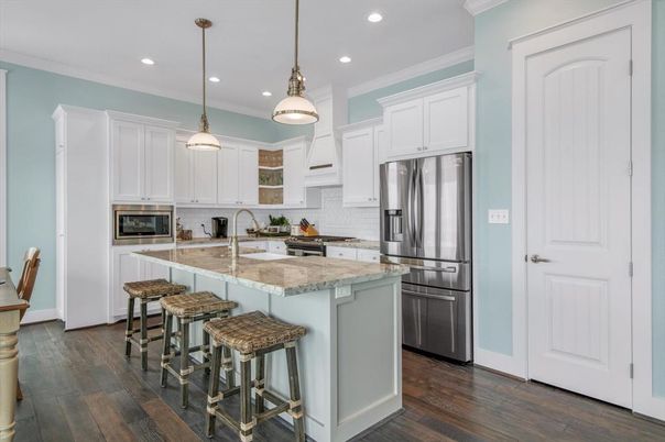 Interior, Kitchen, Pendant Lights, Recessed Lighting, Stainless Steel Appliances, Wood Texture Flooring