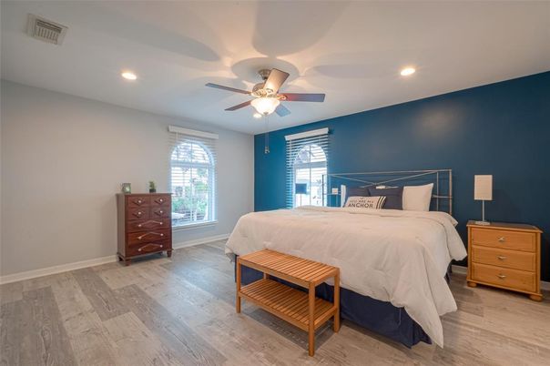 Bedroom, Interior, Recessed Lighting, Wood Texture Flooring