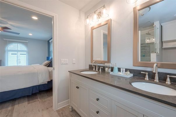 Bathroom, Bedroom, Dual Sink Vanities, Interior, Recessed Lighting, Wood Texture Flooring