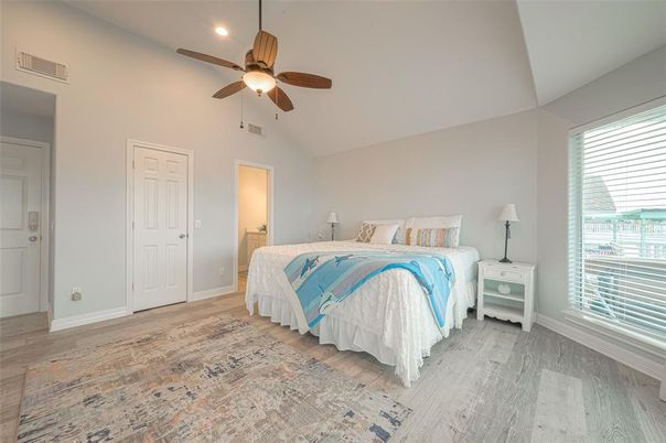 Bedroom, Interior, Recessed Lighting, Wood Texture Flooring