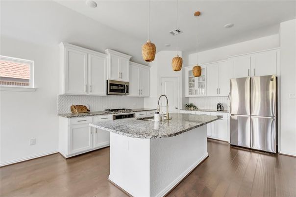 Interior, Kitchen, Pendant Lights, Recessed Lighting, Stainless Steel Appliances, Wood Texture Flooring