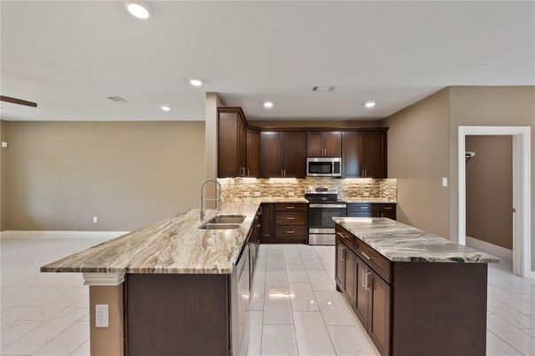 Interior, Kitchen, Marble, Recessed Lighting, Stainless Steel Appliances