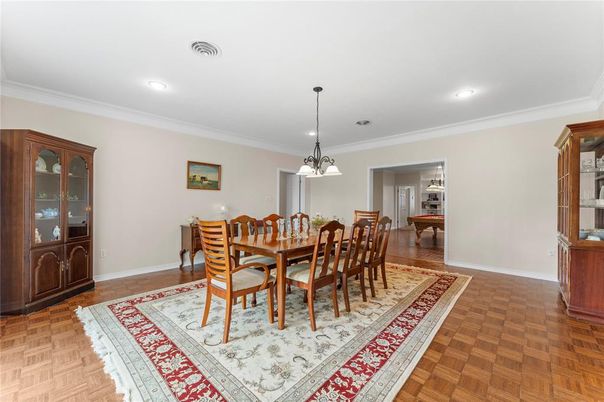 Billiard Table, Dining room, Game Room, Interior, Pendant Lights, Recessed Lighting, Wood Texture Flooring
