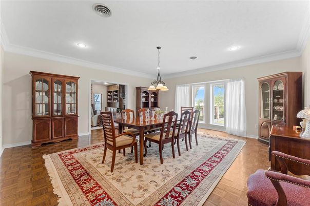 Dining room, Interior, Pendant Lights, Recessed Lighting, Wood Texture Flooring