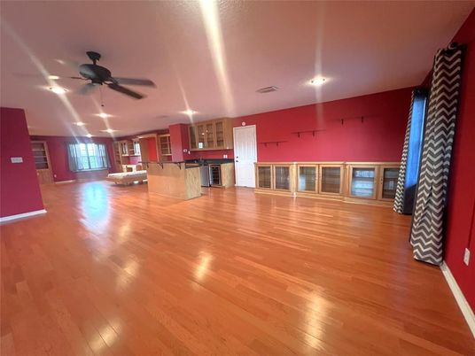 Empty room, Interior, Kitchen, Recessed Lighting, Wood Texture Flooring