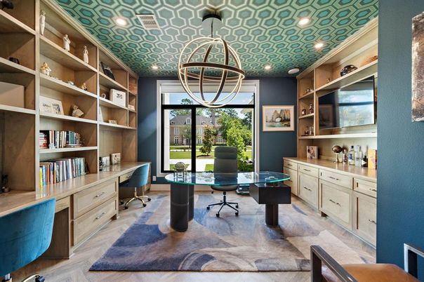 Home Office, Interior, Pendant Lights, Recessed Lighting, Wood Texture Flooring