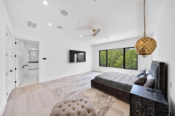 Bedroom, Interior, Marble, Pendant Lights, Recessed Lighting, Wood Texture Flooring