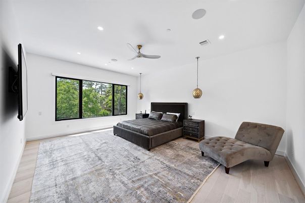 Bedroom, Interior, Pendant Lights, Recessed Lighting, Wood Texture Flooring