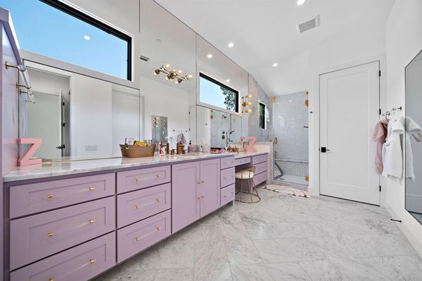 Bathroom, Dual Sink Vanities, Interior, Marble, Pendant Lights, Recessed Lighting