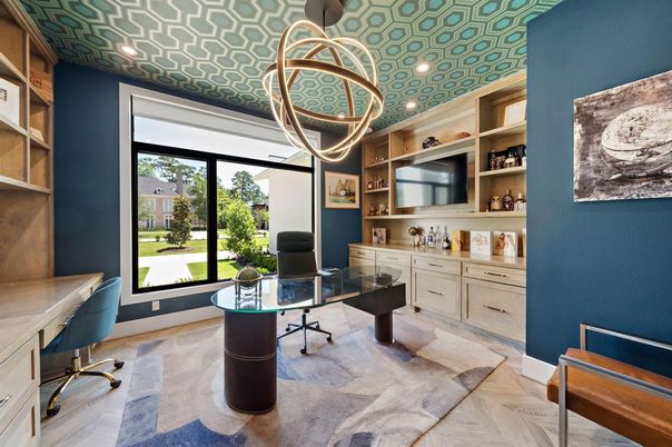 Home Office, Interior, Pendant Lights, Recessed Lighting, Wood Texture Flooring