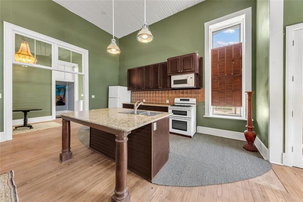 Interior, Kitchen, Pendant Lights, Stainless Steel Appliances, Wood Texture Flooring