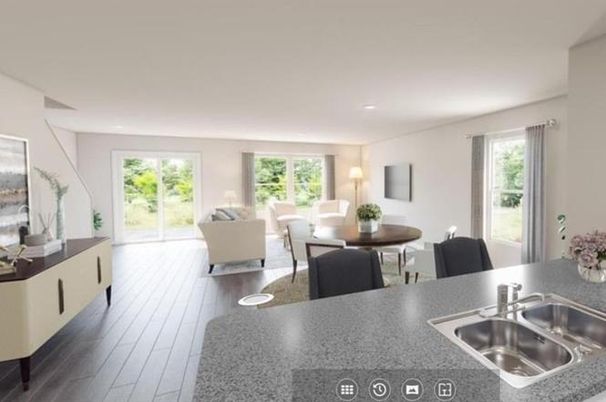 Dining room, Interior, Living room, Recessed Lighting, Wood Texture Flooring