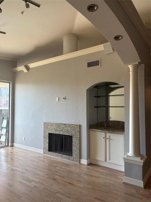 Fireplace, Interior, Recessed Lighting, Wood Texture Flooring