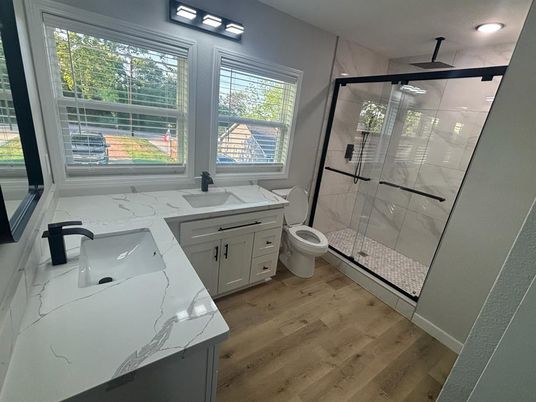 Bathroom, Glass Shower, Interior, Wood Texture Flooring