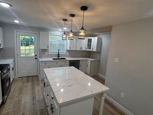 Interior, Kitchen, Pendant Lights, Recessed Lighting, Stainless Steel Appliances, Wood Texture Flooring