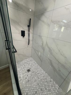 Bathroom, Glass Shower, Interior, Marble Walls, Recessed Lighting