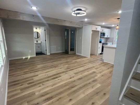 Interior, Kitchen, Pendant Lights, Recessed Lighting, Wood Texture Flooring