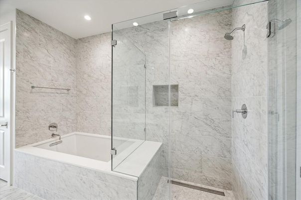 Bathroom, Glass Shower, Interior, Marble Walls, Recessed Lighting