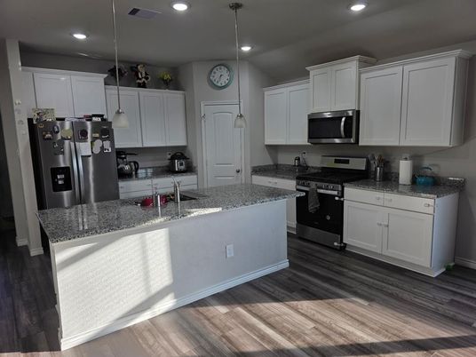 Interior, Kitchen, Pendant Lights, Recessed Lighting, Stainless Steel Appliances, Wood Texture Flooring