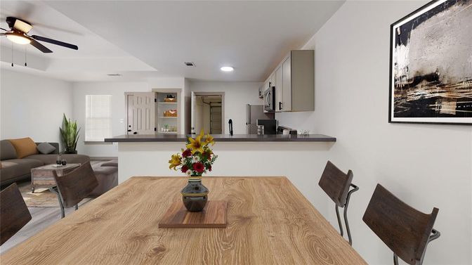 Dining room, Interior, Kitchen, Living room, Recessed Lighting