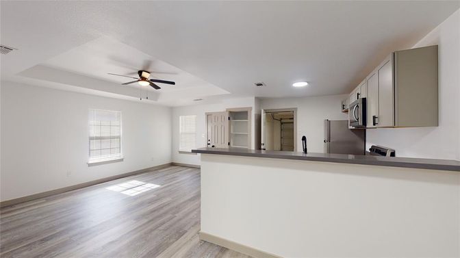 Empty room, Interior, Kitchen, Recessed Lighting, Wood Texture Flooring