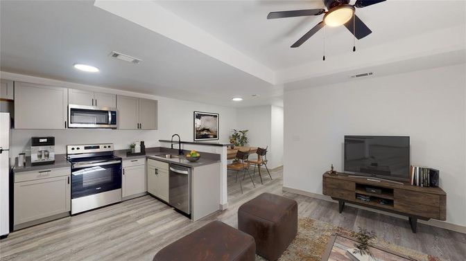 Dining room, Interior, Kitchen, Recessed Lighting, Stainless Steel Appliances, Wood Texture Flooring