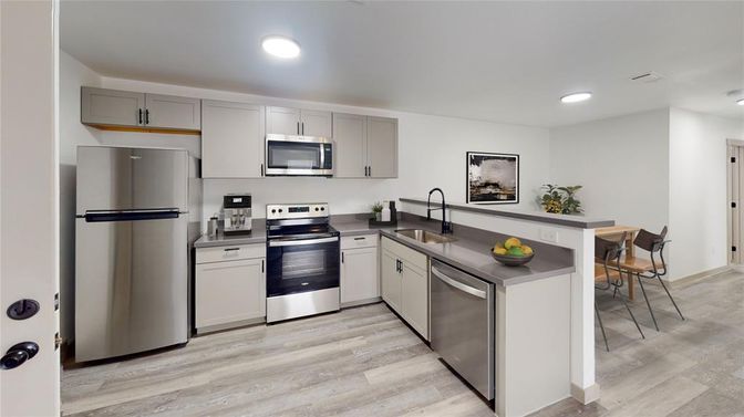 Interior, Kitchen, Recessed Lighting, Stainless Steel Appliances, Wood Texture Flooring