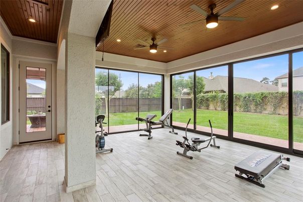 Fitness Equipment, Interior, Recessed Lighting, Sun Room, Wooden Ceilings, Wood Texture Flooring