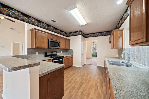 Interior, Kitchen, Recessed Lighting, Wood Texture Flooring